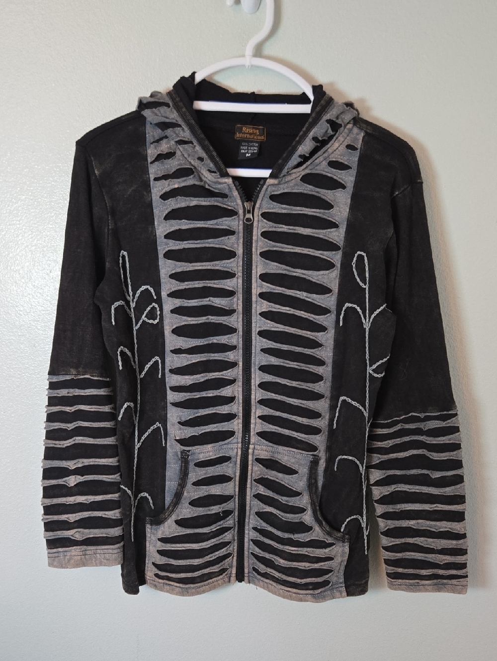 Rising International | Black And Gray Distressed Ripped Grunge Jacket Size Med
